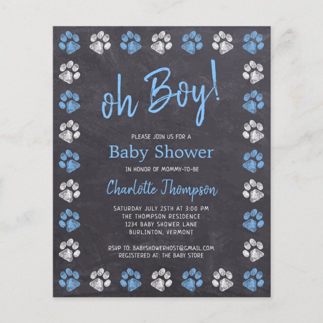 Budget Chalkboard Paw Prints Blue Boy Baby Shower (Front)