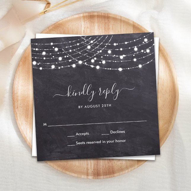 Budget Chalkboard String Lights Wedding RSVP Note Card (Creator Uploaded)