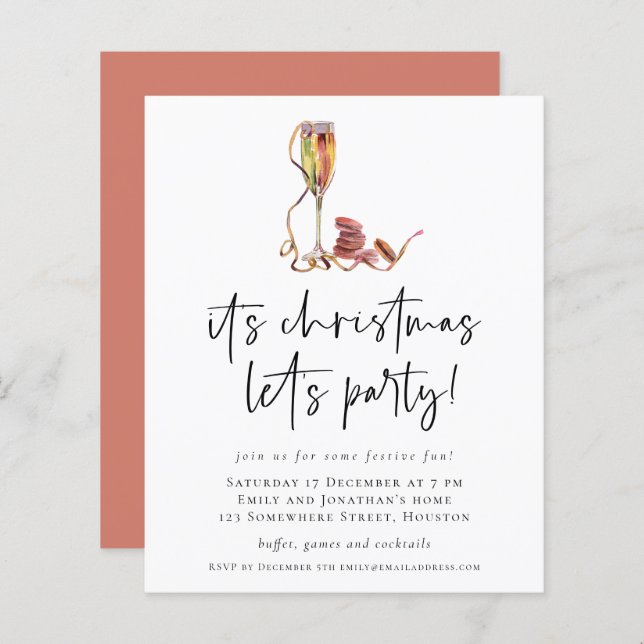 Budget Champagne Christmas Lets Party Invite (Front/Back)