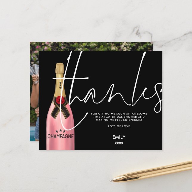 Budget Champagne Script Black Bridal Shower Thanks (Front/Back In Situ)