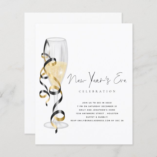Budget Champagne Script New Years Eve Invite (Front/Back)