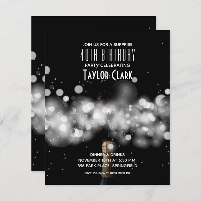 Budget Champagne Sparkle 40th Birthday Invitations (Front/Back)
