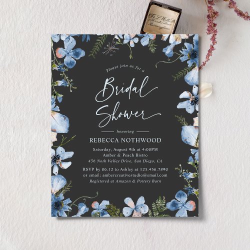 Budget Charcoal Blue Chic Bridal Shower Invitation