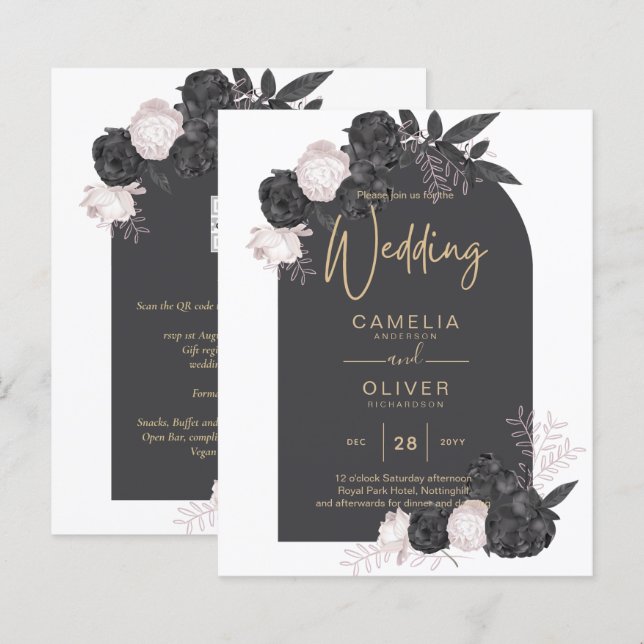 BUDGET Charcoal Gray Pink Roses Wedding INVITE (Front/Back)