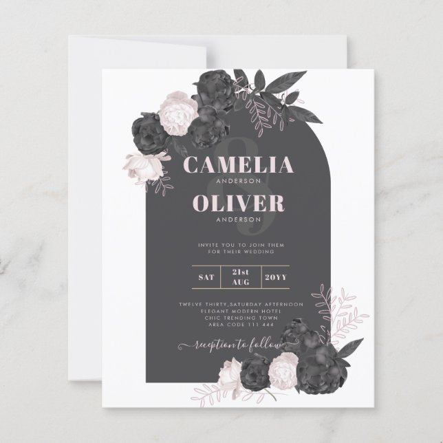 BUDGET Charcoal Gray Pink Roses Wedding INVITE (Front)