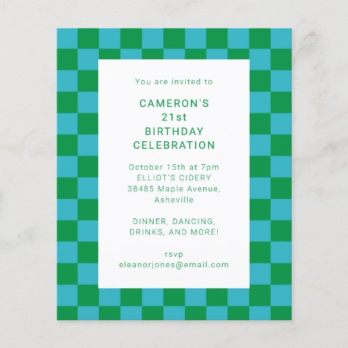 Budget Checker Blue Green 21st Birthday Invitation