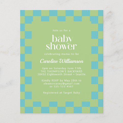 Budget Checkerboard Blue Green Baby Shower Invite