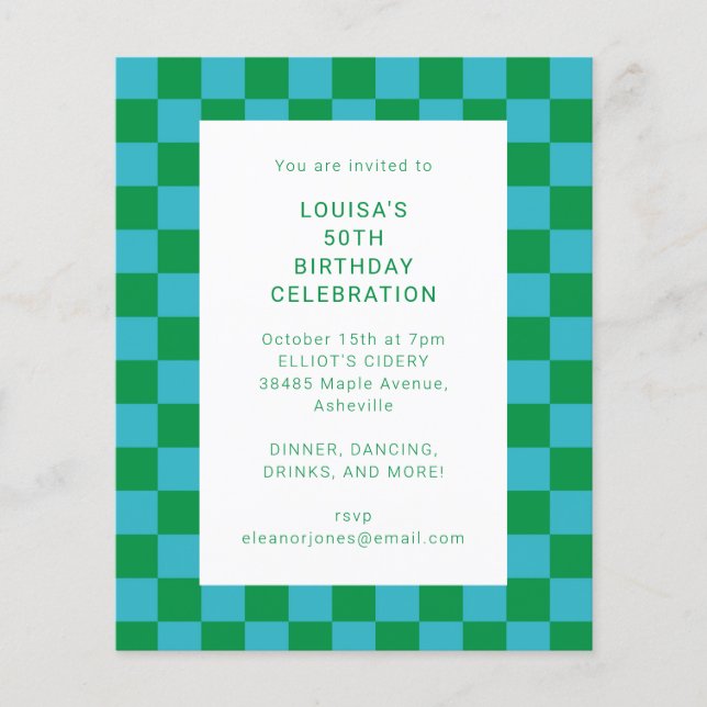 Budget Checkerboard Blue Green Birthday Invitation (Front)