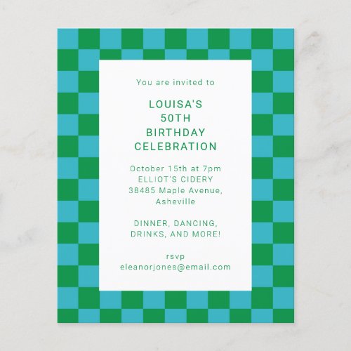 Budget Checkerboard Blue Green Birthday Invitation