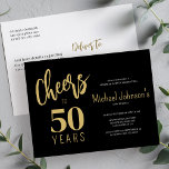 Budget cheers to 50 years 50th birthday party invitation postcard<br><div class="desc">Elegant trendy faux gold bold and black handwriting script cheers to 50 years budget affordable birthday party invitation postcard.</div>