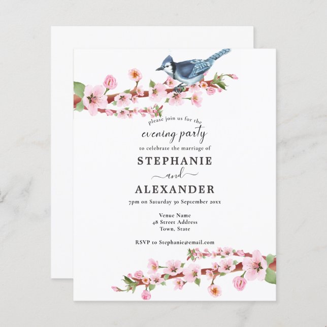 Budget Cherry Blossom Bird Evening Party Invite (Front/Back)
