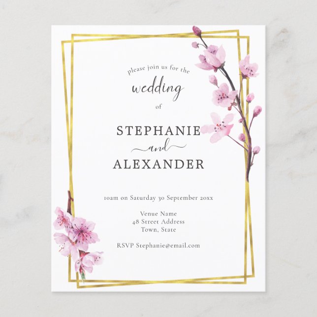 Budget Cherry Blossom & Gold Frame Wedding Invite (Front)