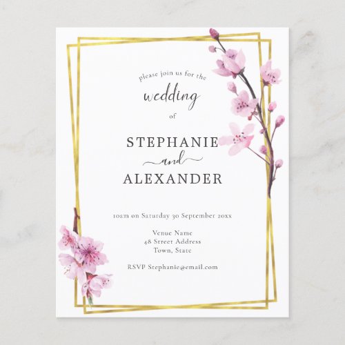 Budget Cherry Blossom  Gold Frame Wedding Invite