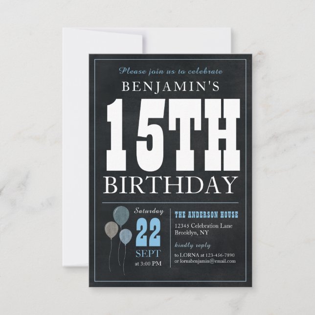 Budget Chic 15th Birthday Chalkboard Blue Balloon Note Card (Front)