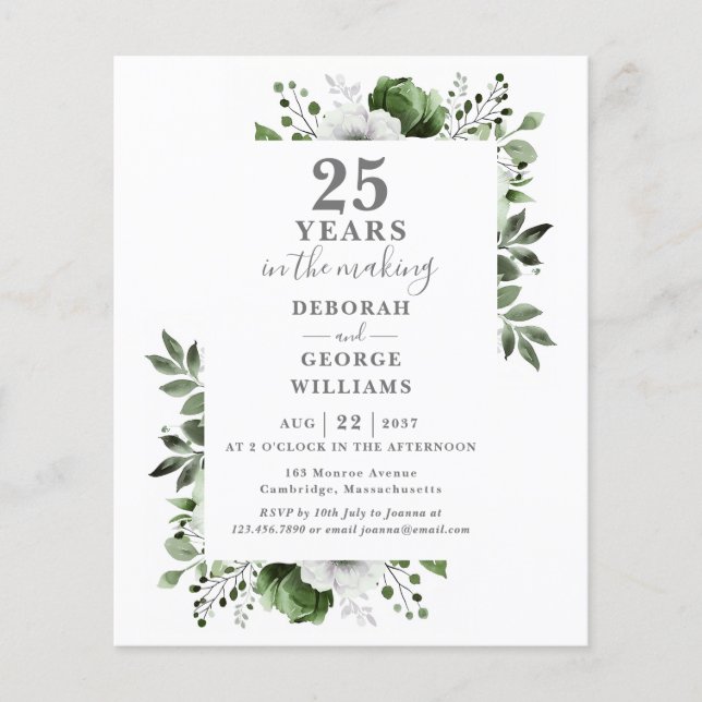 Budget Chic 25th Wedding Anniversary Floral Invite (Front)