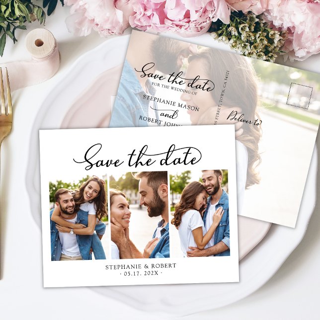 Budget Chic 3 Photo Collage Wedding Save The Date Announcement Postcard (Creator Uploaded)