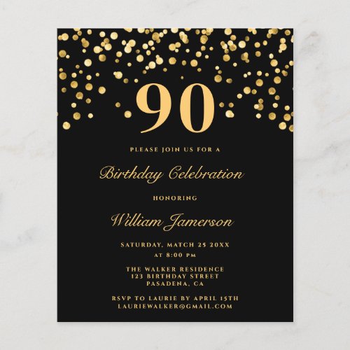 Budget Chic Black Gold 90th Birthday Invitation