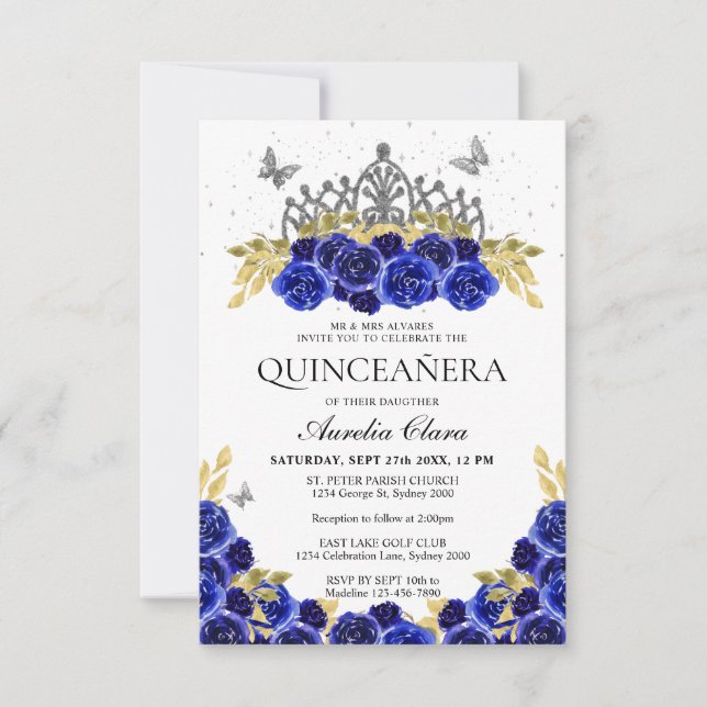Budget Chic Blue Floral Silver Tiara Quinceanera Note Card (Front)