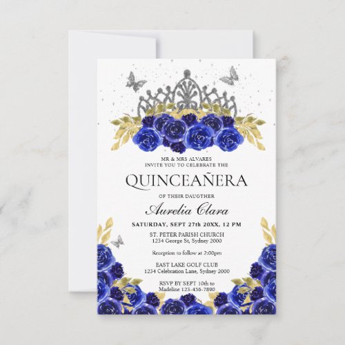 Budget Chic Blue Floral Silver Tiara Quinceanera Note Card