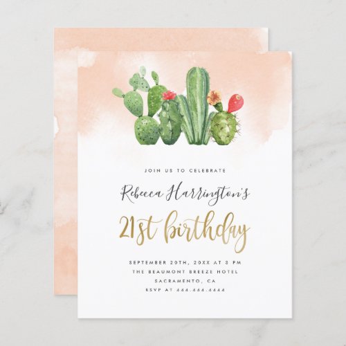 Budget Chic Blush Watercolor Cactus 21st Birthday