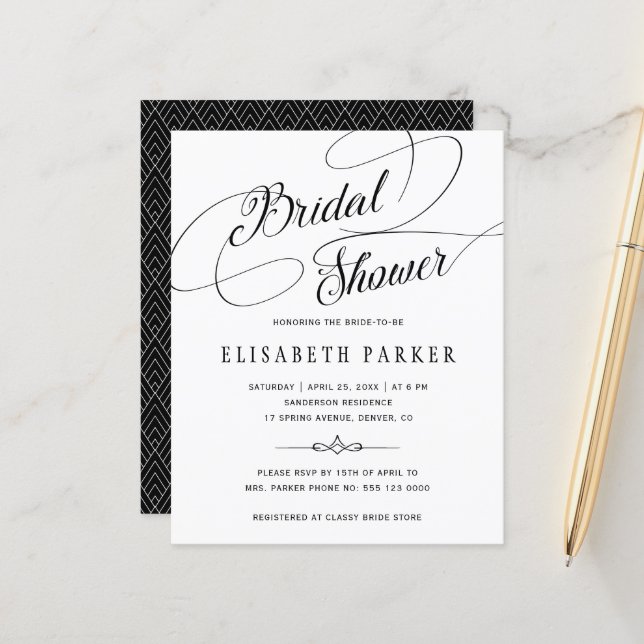 Budget chic calligraphy bridal shower invitation (Front/Back In Situ)