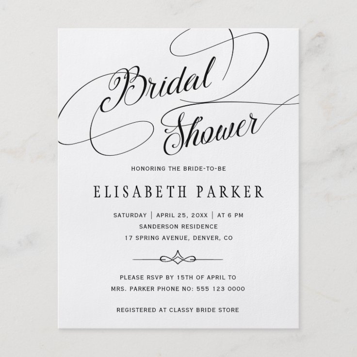 Budget chic calligraphy bridal shower invitation flyer Zazzle