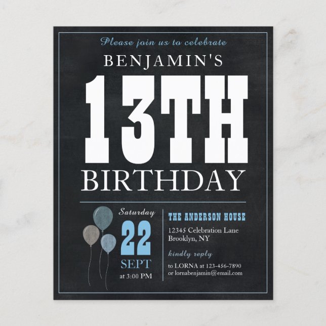 Budget Chic Chalkboard Blue Balloon 13th Birthday (Front)
