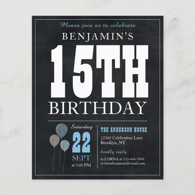 Budget Chic Chalkboard Blue Balloon 15th Birthday (Front)