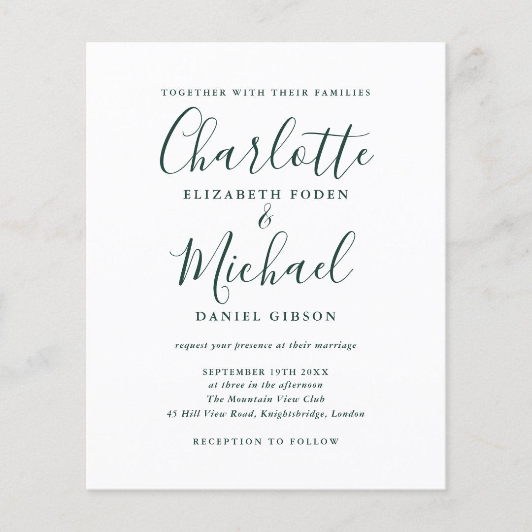 Budget Chic Emerald Script Wedding Invitation | Zazzle