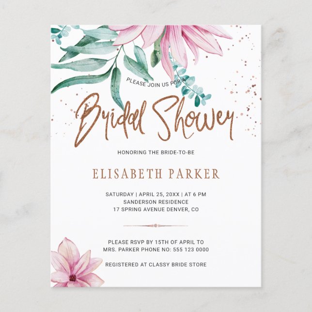 Budget chic floral pink bridal shower invitation (Front)
