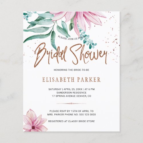 Budget chic floral pink bridal shower invitation