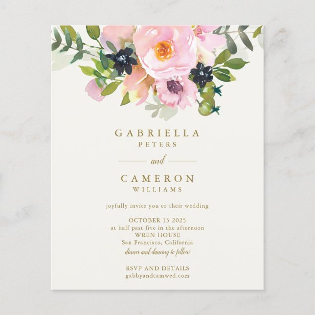 Budget Chic Pink Floral Watercolor Wedding Invite (Front)