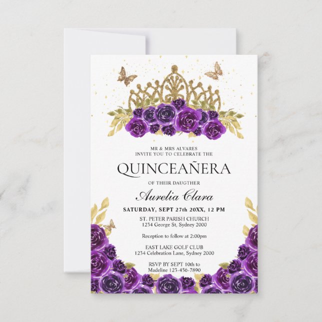 BUDGET Chic Purple Floral Gold Tiara Quinceanera Note Card (Front)