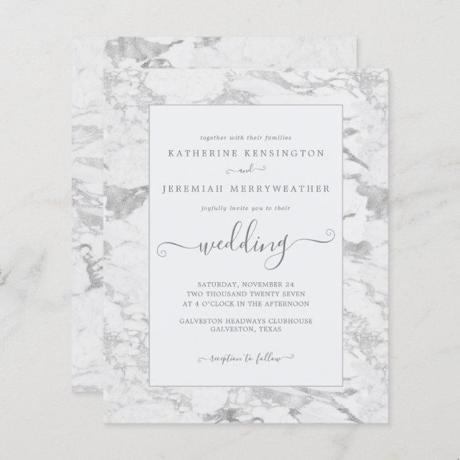 Budget Chic Silver Foil Marble Wedding Invitation (Front/Back)