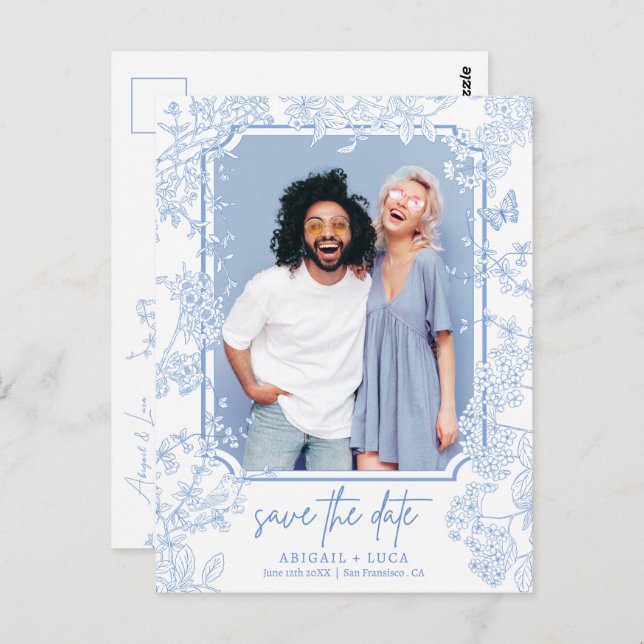 Budget Chinoiserie Toile Wedding Save Date Photo Postcard (Front/Back)