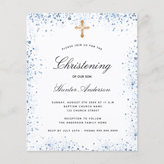 Budget christening blue boy blue white invitation (Front)