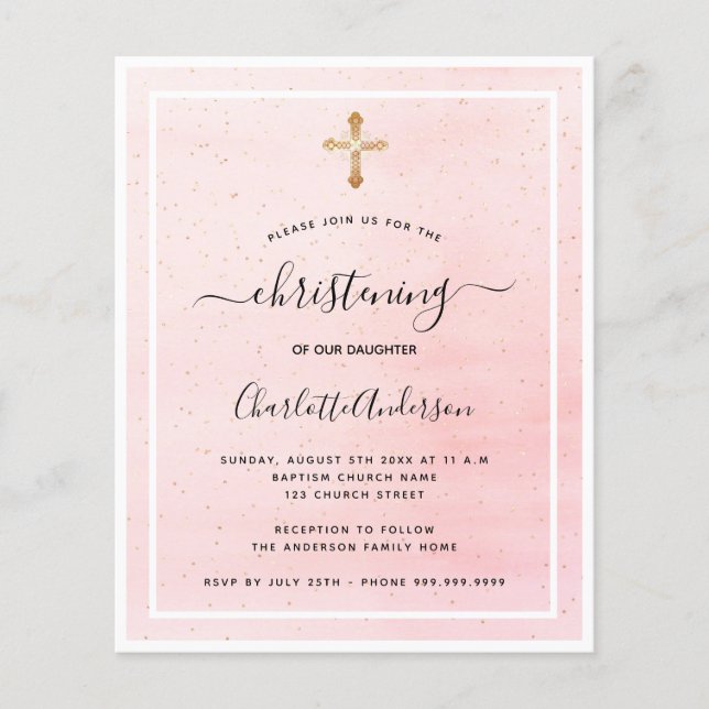 Budget christening blush pink gold girl invitation (Front)