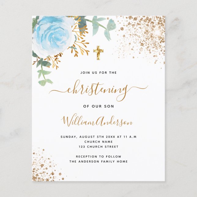 Budget christening eucalyptus blue floral gold boy (Front)