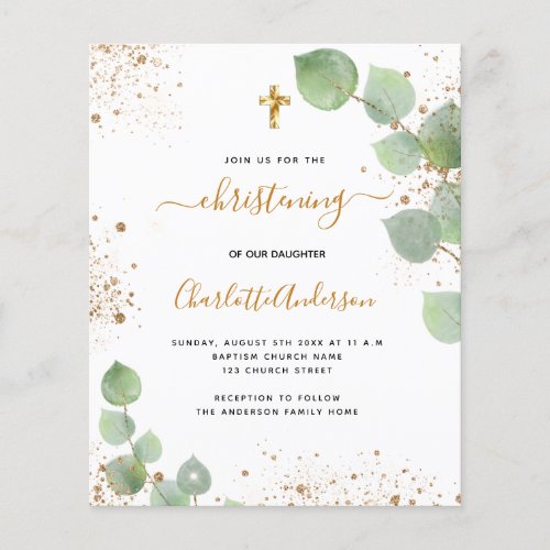 Budget christening eucalyptus gold invitation