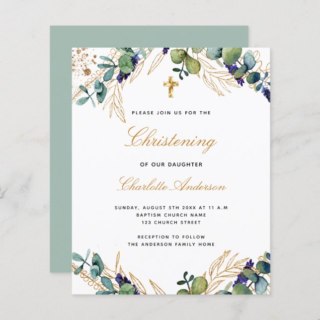Budget christening eucalyptus gold invitation (Front/Back)