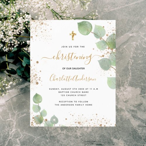 Budget christening eucalyptus gold invitation