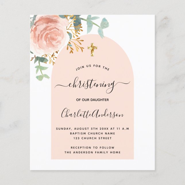 Budget christening eucalyptus rose floral arch (Front)