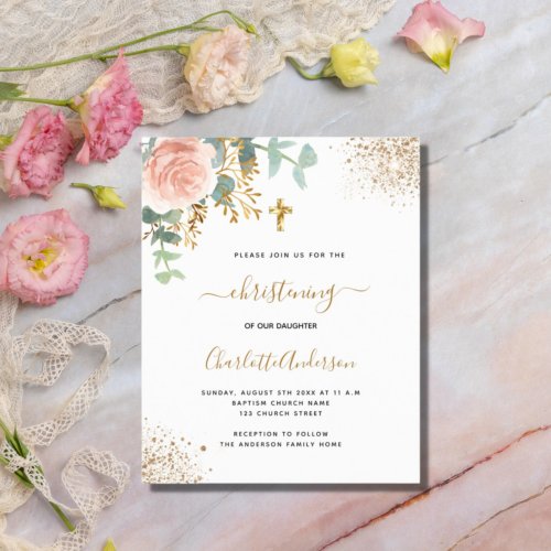 Budget christening eucalyptus rose gold floral