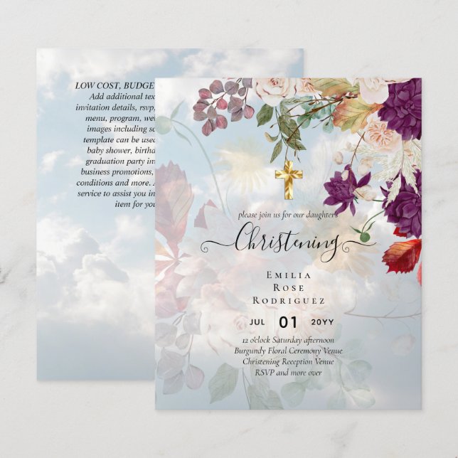 BUDGET CHRISTENING Invite Baptism Bautizo Bautismo (Front/Back)