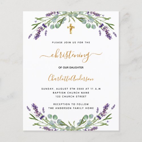 Budget christening lavender eucalyptus invitation