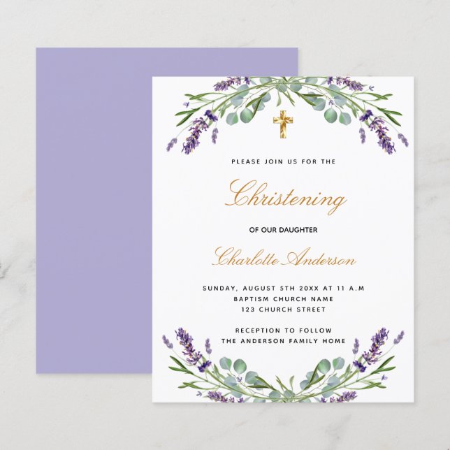 Budget christening lavender eucalyptus invitation (Front/Back)