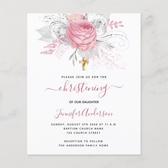 Budget Christening pink florals girl invitation (Front)