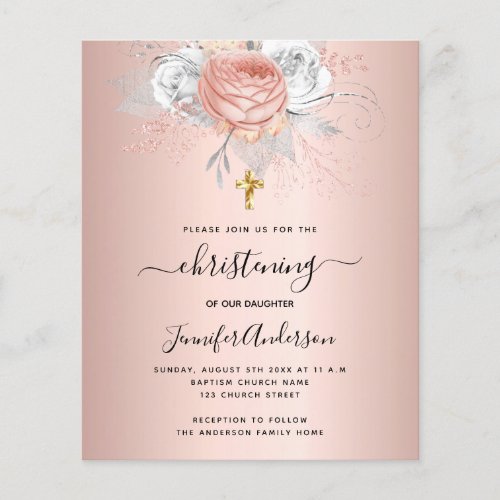 Budget christening rose gold florals invitation