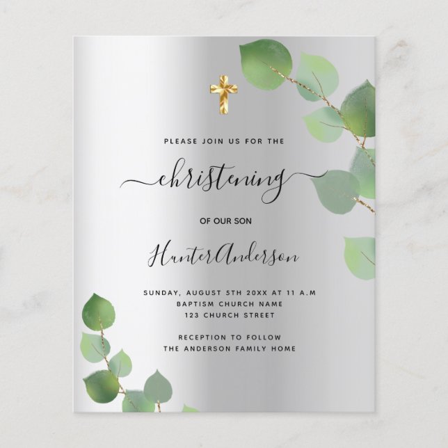 Budget christening silver eucalyptus invitation (Front)