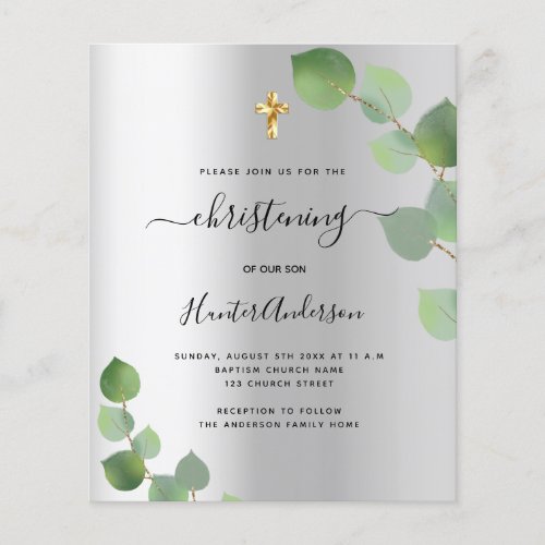 Budget christening silver eucalyptus invitation